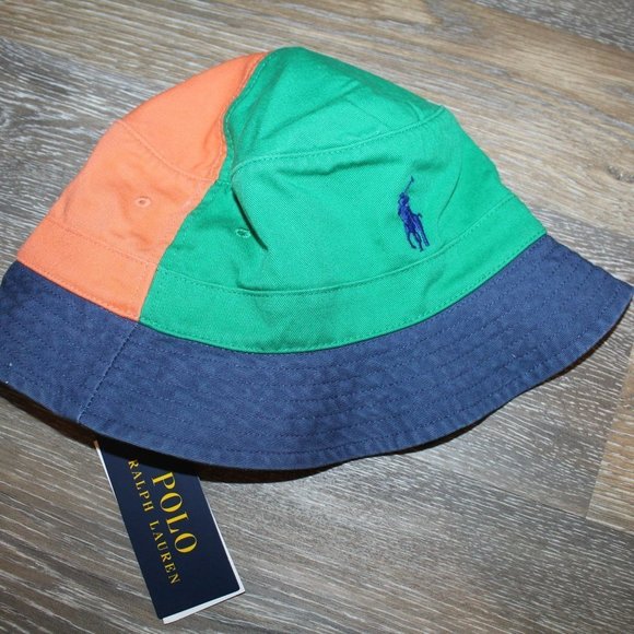 NWT POLO RALPH LAUREN LOGO COLORBLOCK‎ BUCKET HAT S/M ORANGE BLUE GREEN - Picture 2 of 5